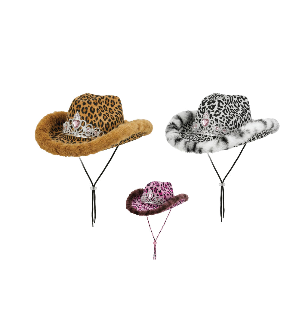 Leopard print party cowboy hat faux fur trim adjustable UK Hopoye